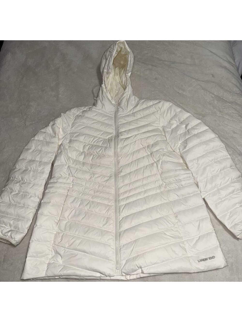 Lands’ End Women’s XL 18 White Hooded Down Puffer Jacket Full Zip Long